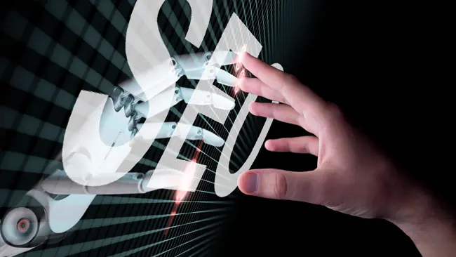 AI Seo Robot Touching Human Hand